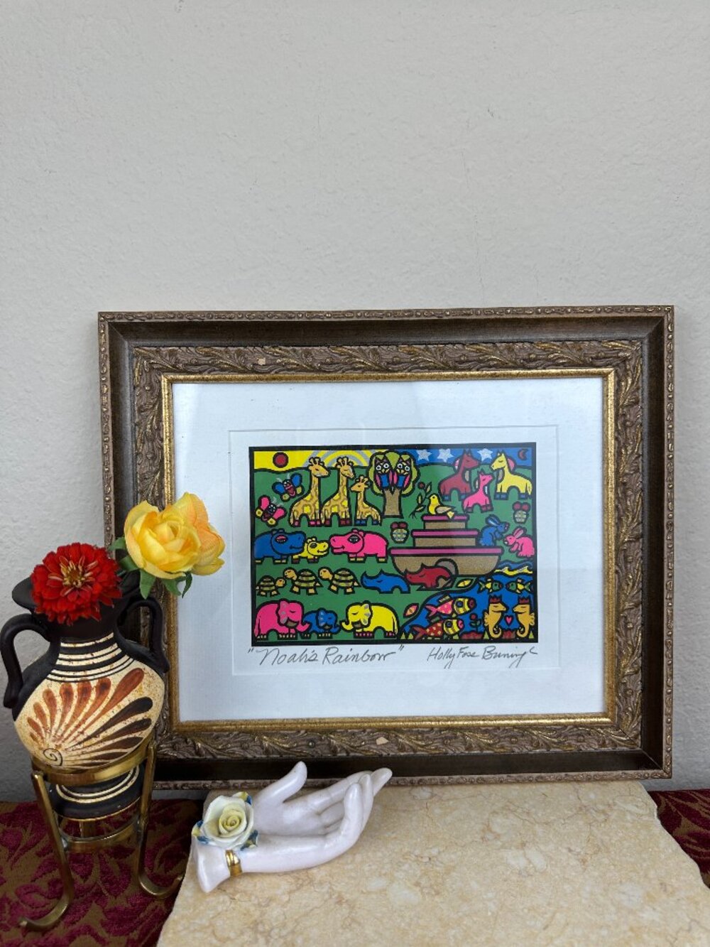 Vintage Signed Serigraph Holly Sue Foss Buningh "Noah's Rainbow" Framed Folk Art